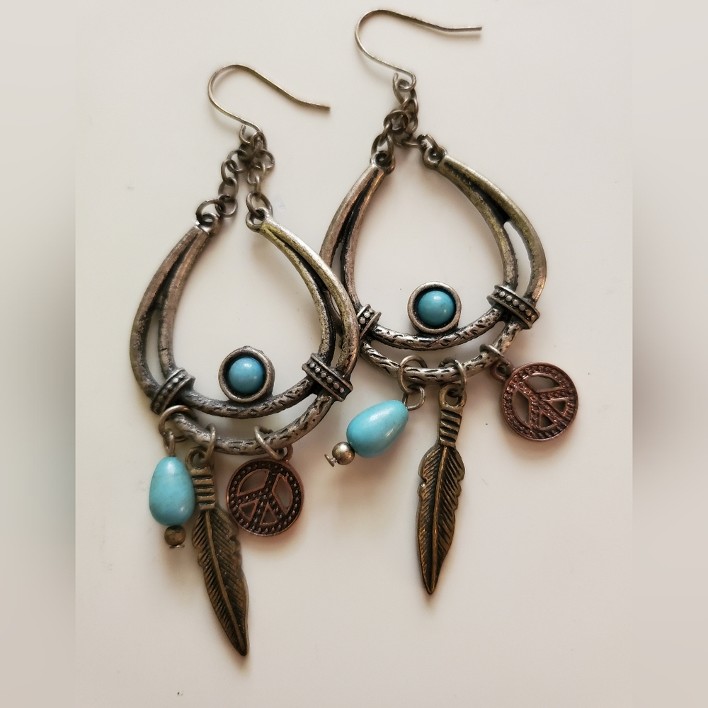 Vintage 70's earrings Peace Signs Native Feathers 3 1/2" - Picture 6 of 9